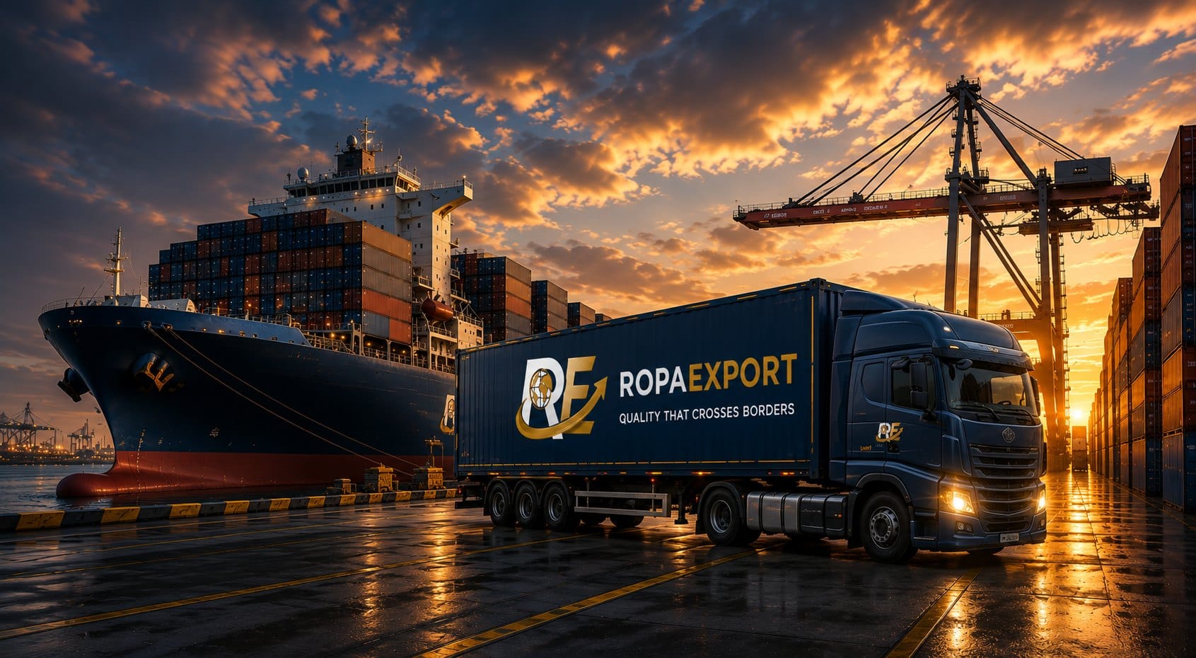 Camión de RopaExport cargando contenedores de ropa en el puerto al atardecer
